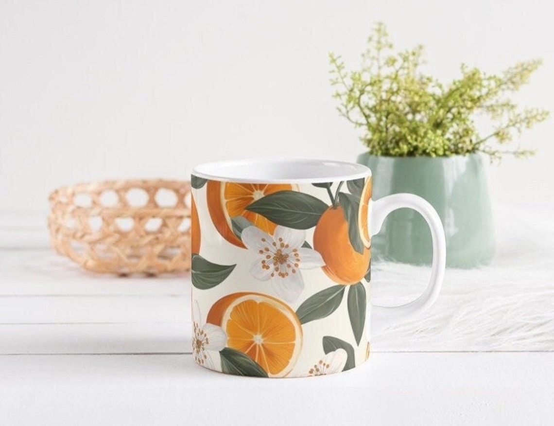 Sunny Citrus Orange and Blossom Pattern Coffee Mug Design Poster