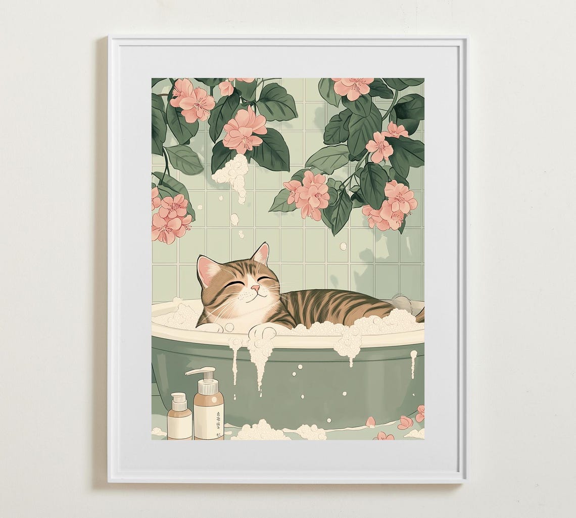 Tabby Cat Relaxing In Bubble Bath Japanese Illustration Poster