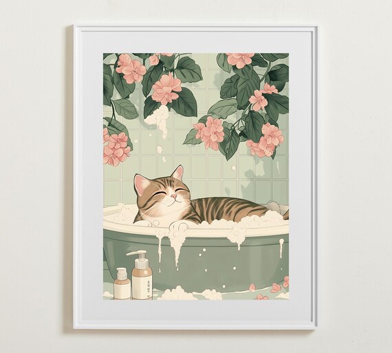 Tabby Cat Relaxing In Bubble Bath Japanese Illustration Poster