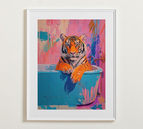 Tiger in Bathtub Pop Art Pink Teal Bathroom Fun Maximalist Animal Poster