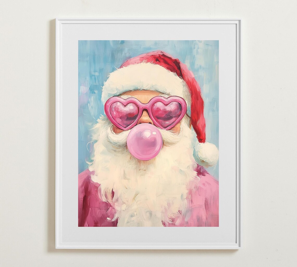 Funny Pink Santa with Heart Sunglasses Blowing Bubble Gum Art Poster