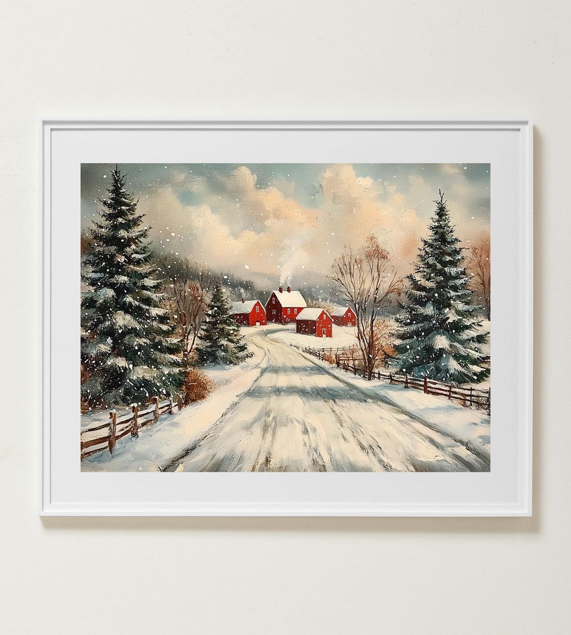 Snowy Country Road to Red Barns Winter Landscape Painting Poster