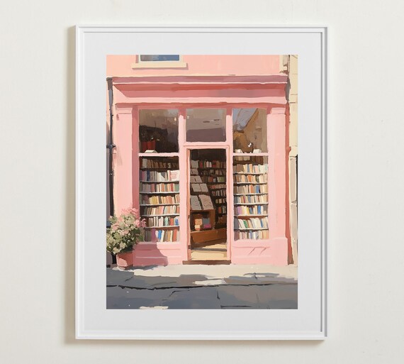 Pink Bookshop Storefront With Sunlit Windows And Bookshelves Poster