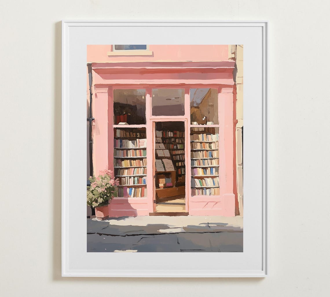 Pink Bookshop Storefront With Sunlit Windows And Bookshelves Poster