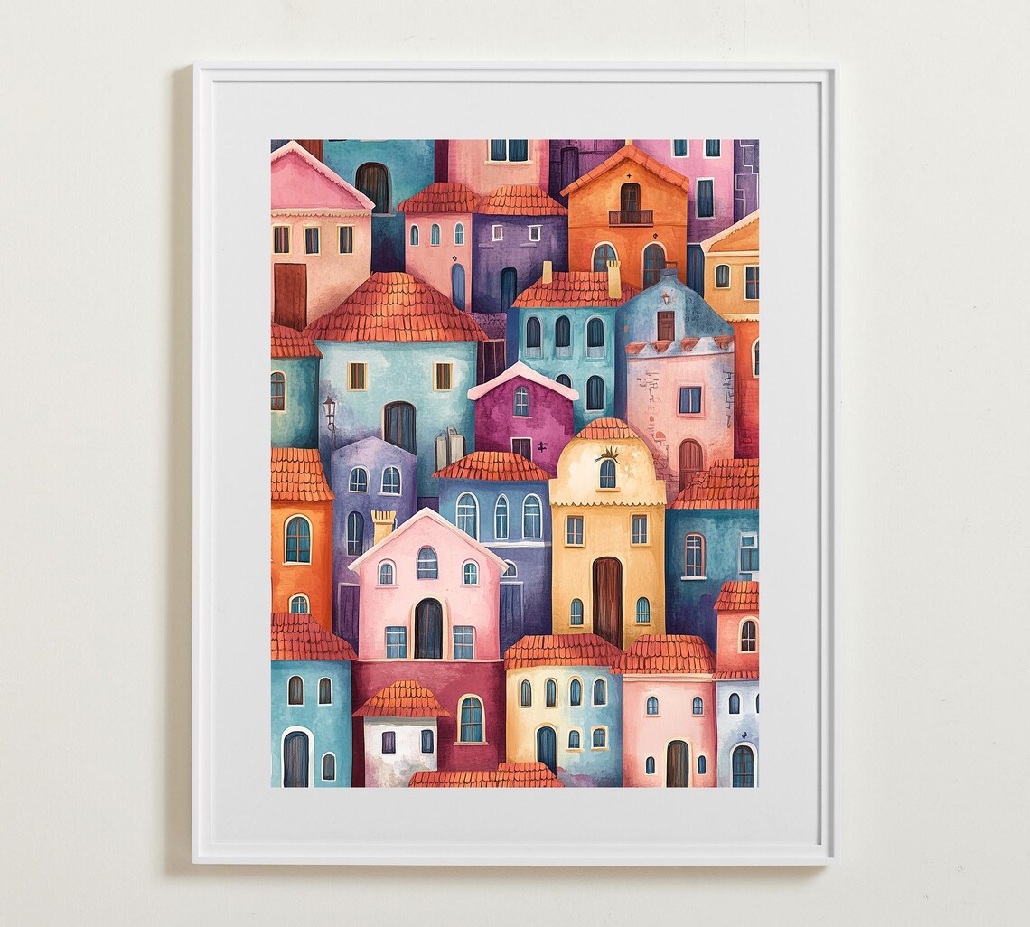Colorful Old Town Houses with Terracotta Roofs Village Poster