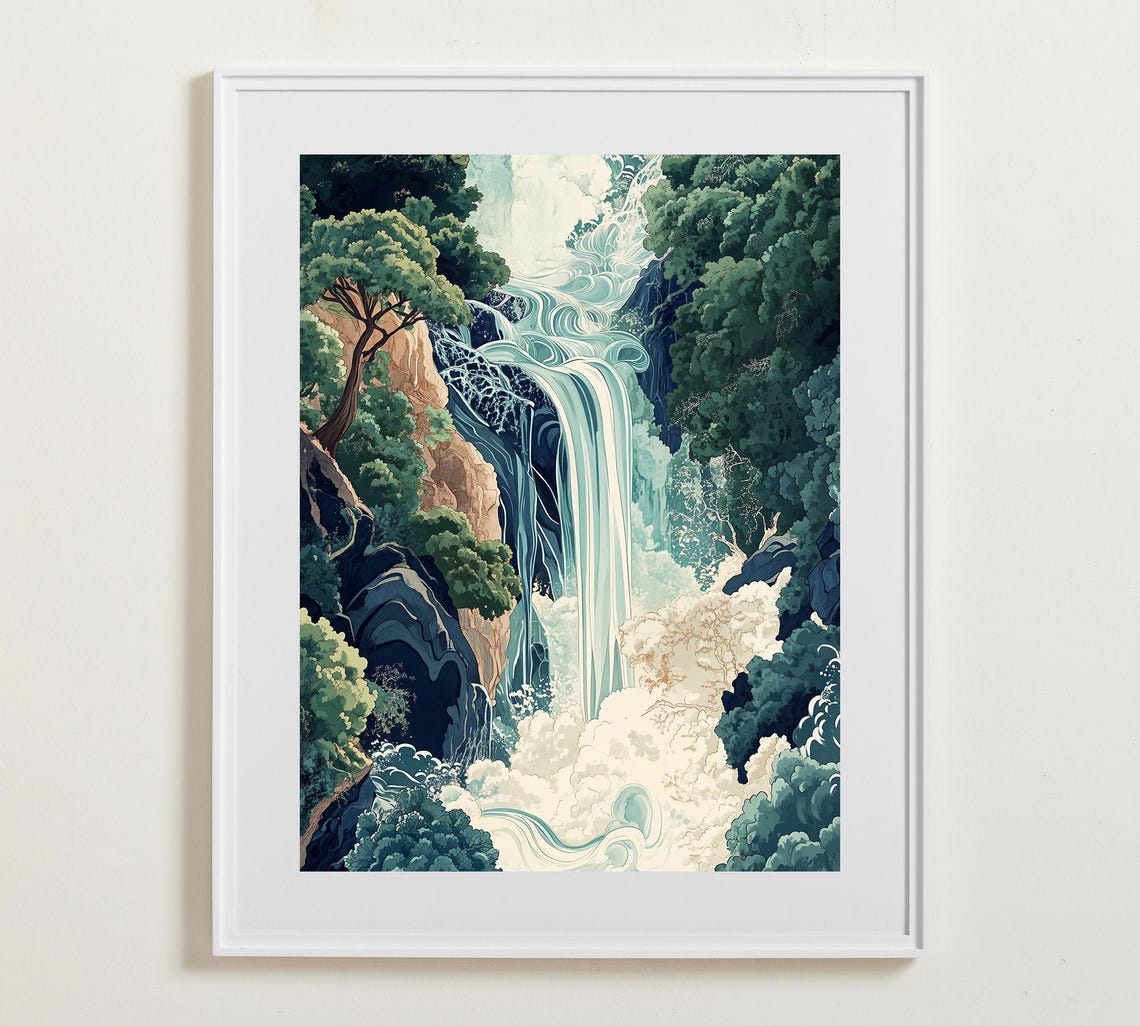 Lush Green Gorge Waterfall Japanese Woodblock Style Nature Poster