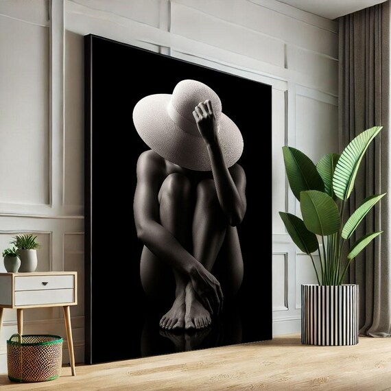 Black and White Woman With Sun Hat Minimalist Dramatic Portrait Art Poster