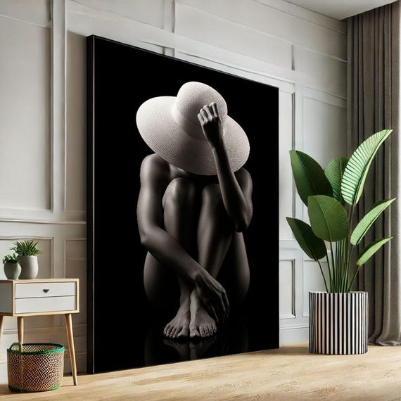 Modern Minimalist Woman In Hat Canvas Wall Art Print Black And White Living Room Decor Statement Piece