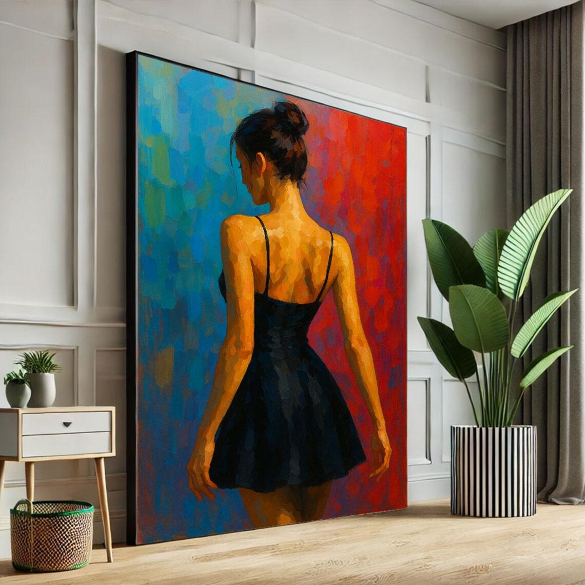 Elegant Woman In Black Dress Looking Back Colorful Modern Art Poster