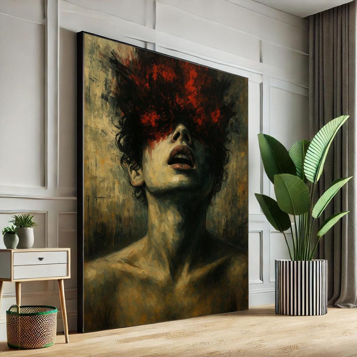 Dark Abstract Portrait Red Black Moody Expressionist Face Poster