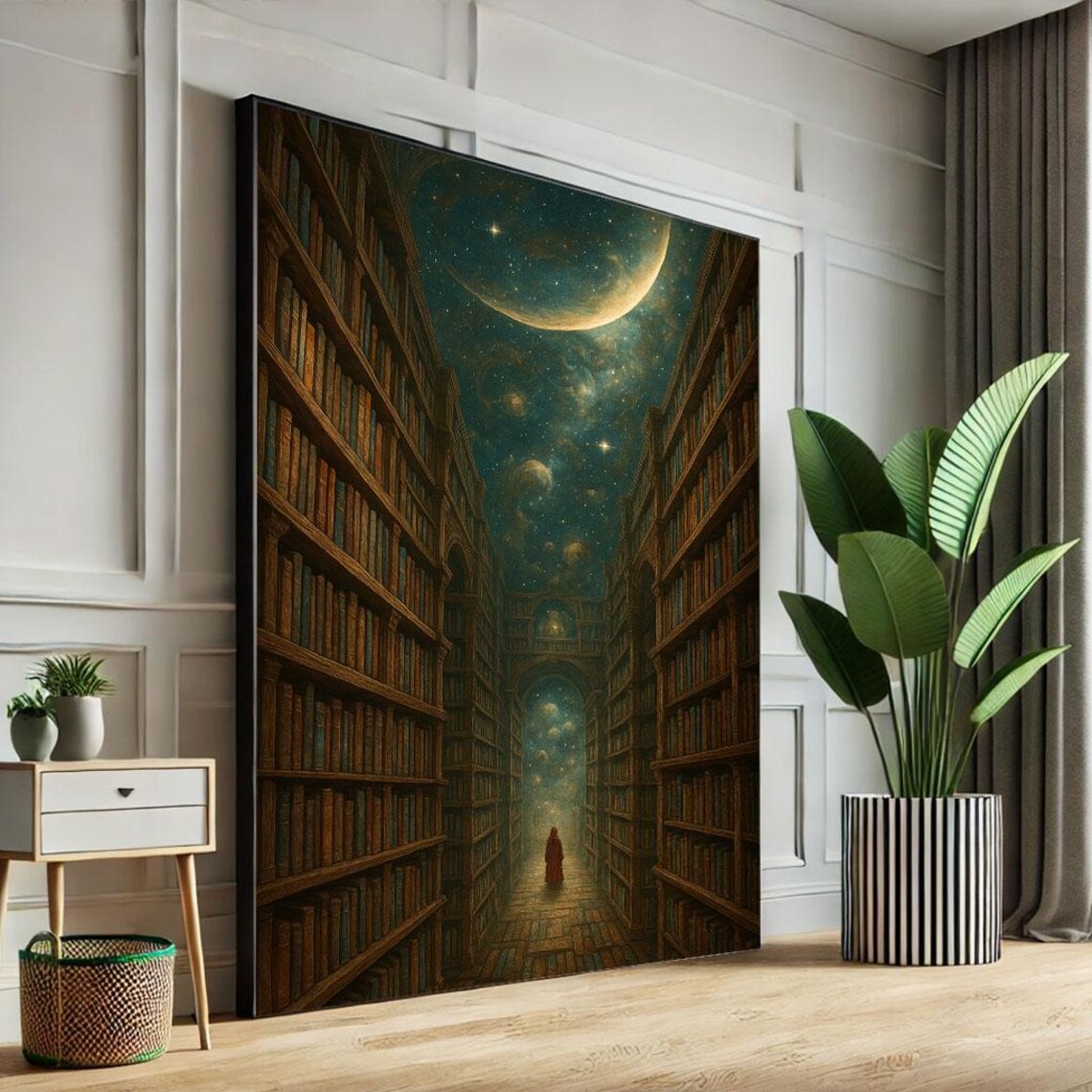 Mystical Night Library With Crescent Moon Starry Sky Book Lovers Poster