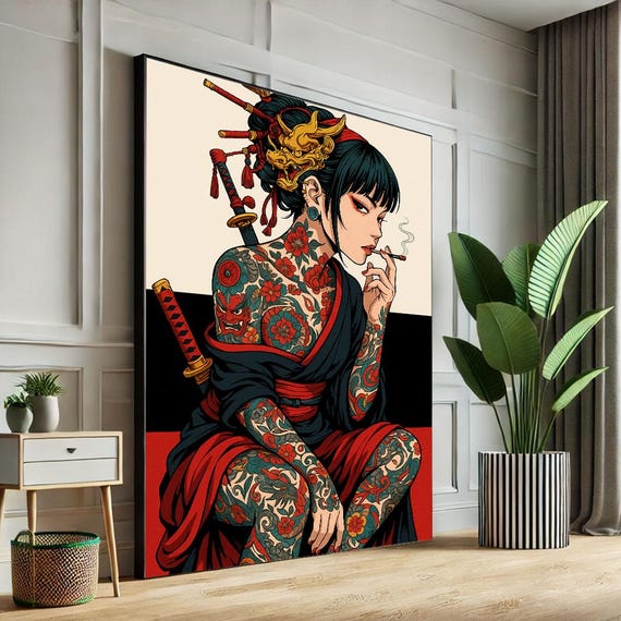 Modern Japanese Tattooed Woman Canvas Wall Art Print Bold Living Room Decor Statement Piece