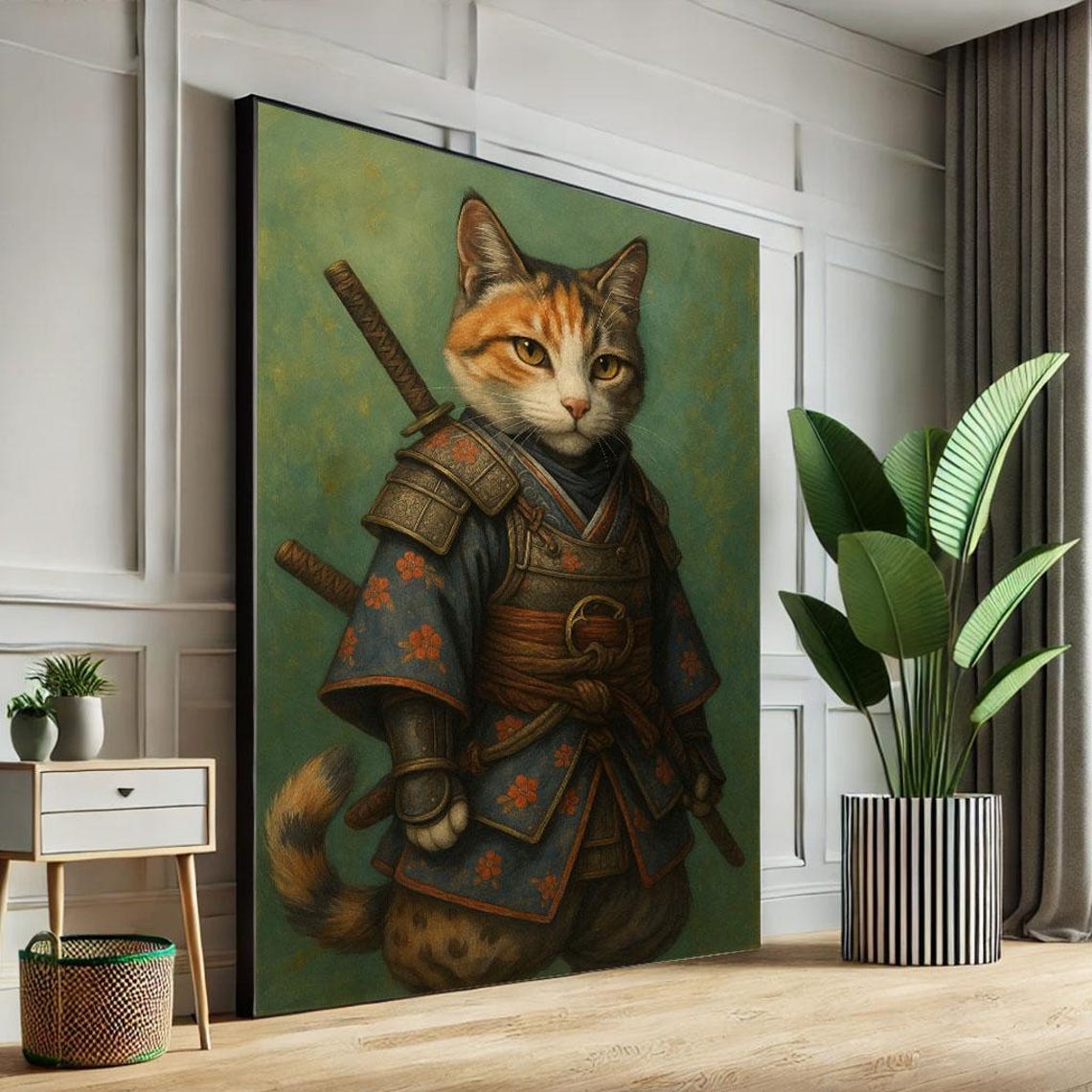 Whimsical Samurai Cat In Armor With Twin Katanas On Green Poster