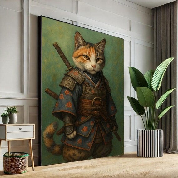 Whimsical Samurai Cat In Armor With Twin Katanas On Green Poster
