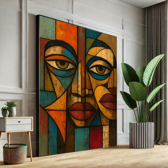Colorful Abstract Cubism Portrait Canvas Wall Art Print Bold Living Room Decor Statement Piece