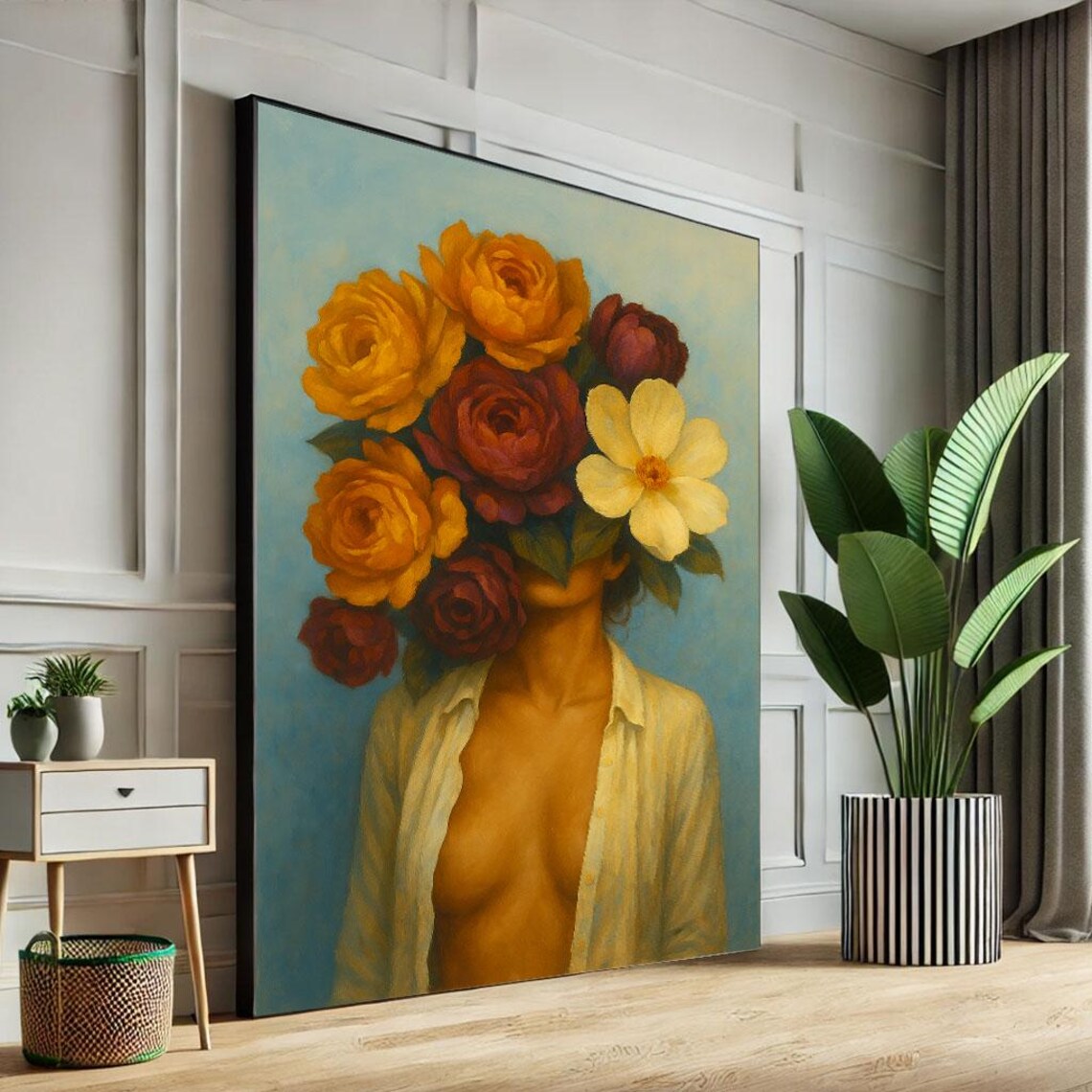 Empowering Floral Woman Portrait Rose Bouquet Head Teal Poster