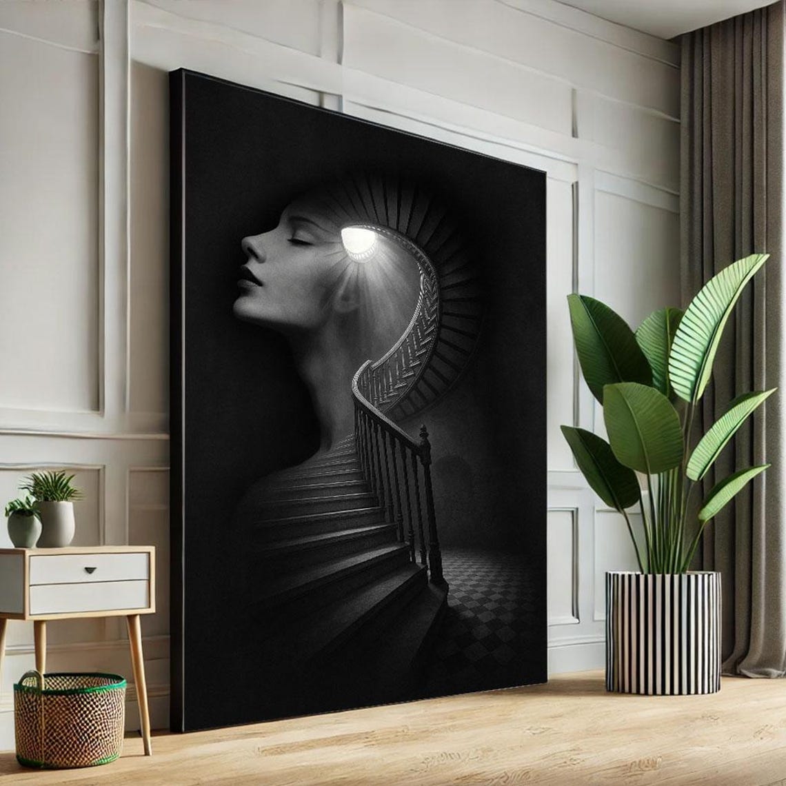 Mysterious Female Portrait with Spiral Staircase Surreal Poster