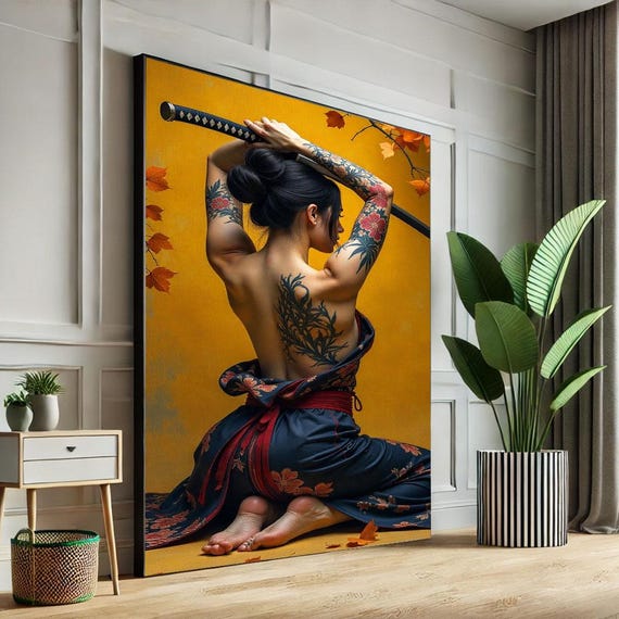 Japanese Samurai Woman Canvas Wall Art Print Bold Tattooed Back Living Room Decor Statement Piece