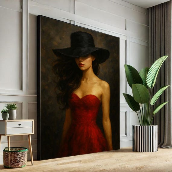 Mysterious Woman In Red Dress Canvas Wall Art Print Elegant Bedroom Decor Statement Piece