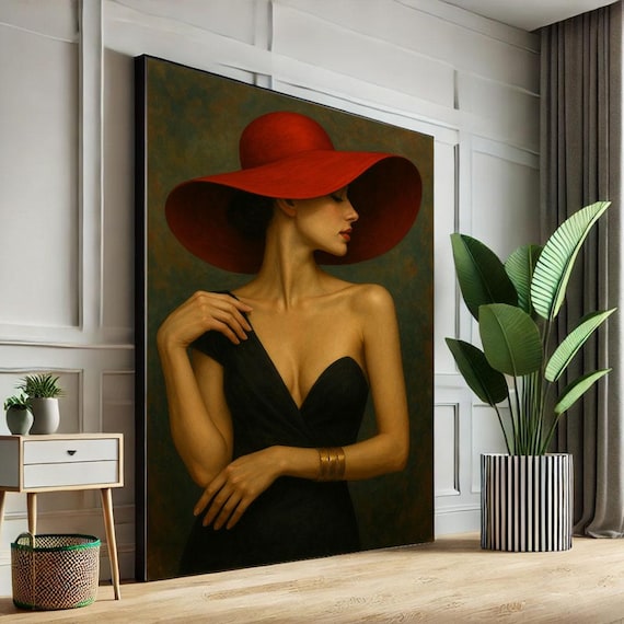 Sophisticated Woman Wide Red Hat Black Dress Vintage Glamour Poster