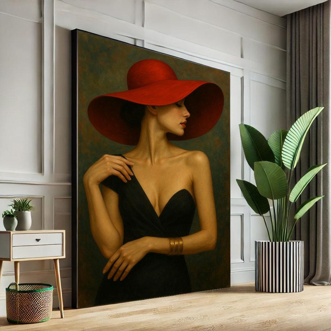 Sophisticated Woman Wide Red Hat Black Dress Vintage Glamour Poster