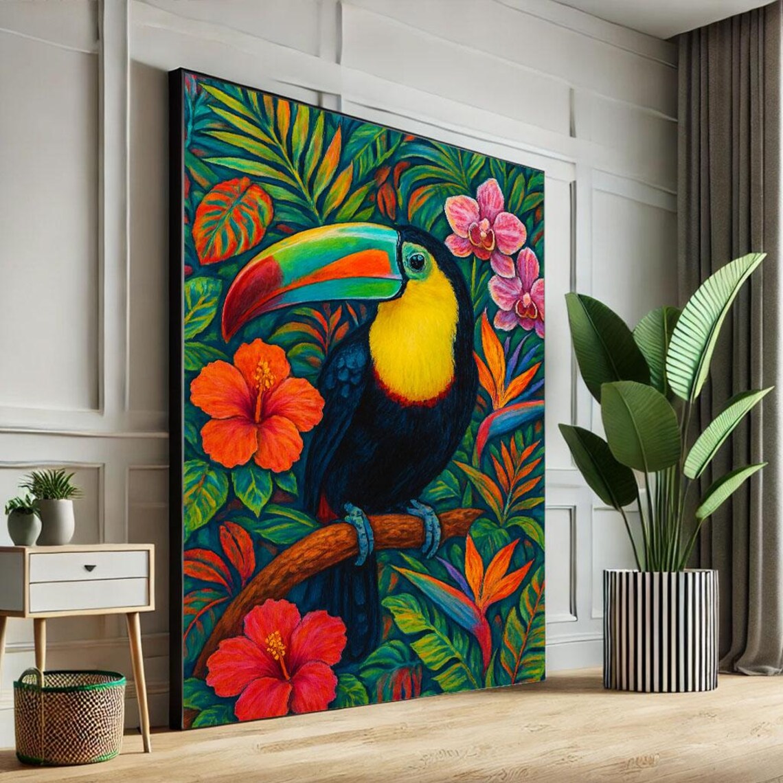 Colorful Toucan in Tropical Jungle Hibiscus Orchid Art Poster