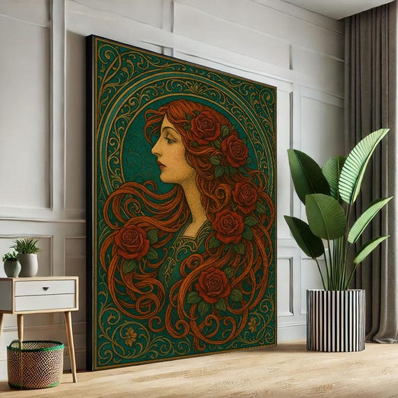 Elegant Art Nouveau Woman Canvas Wall Print Vintage Living Room Decor Statement Piece