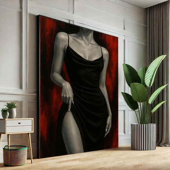Mysterious Elegant Woman in Black Dress Red Background Poster