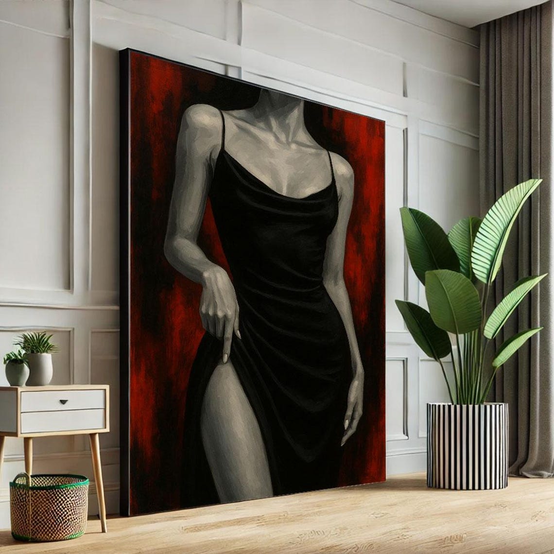 Mysterious Elegant Woman in Black Dress Red Background Poster
