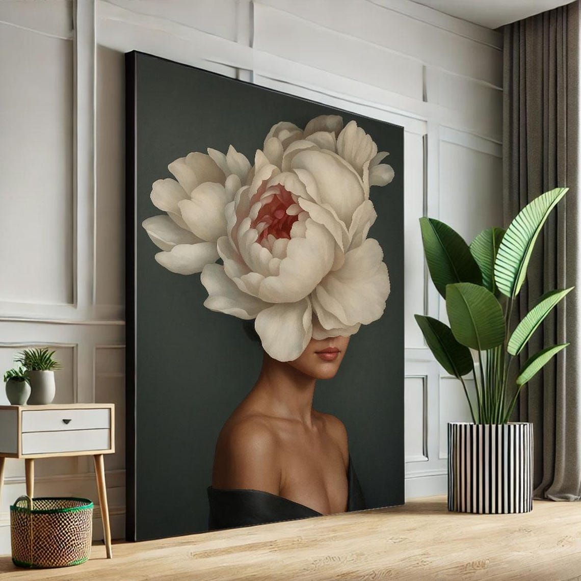 Woman White Peony Flower Head Surreal Botanical Elegance Poster