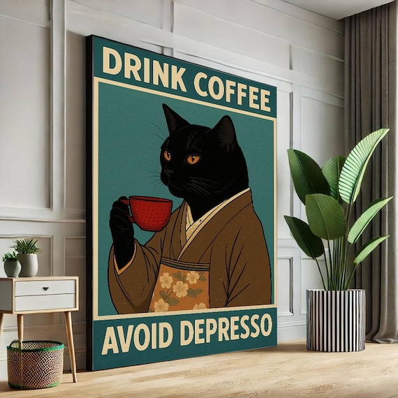 Black Cat Drinking Coffee Drink Coffee Avoid Depresso Retro Poster