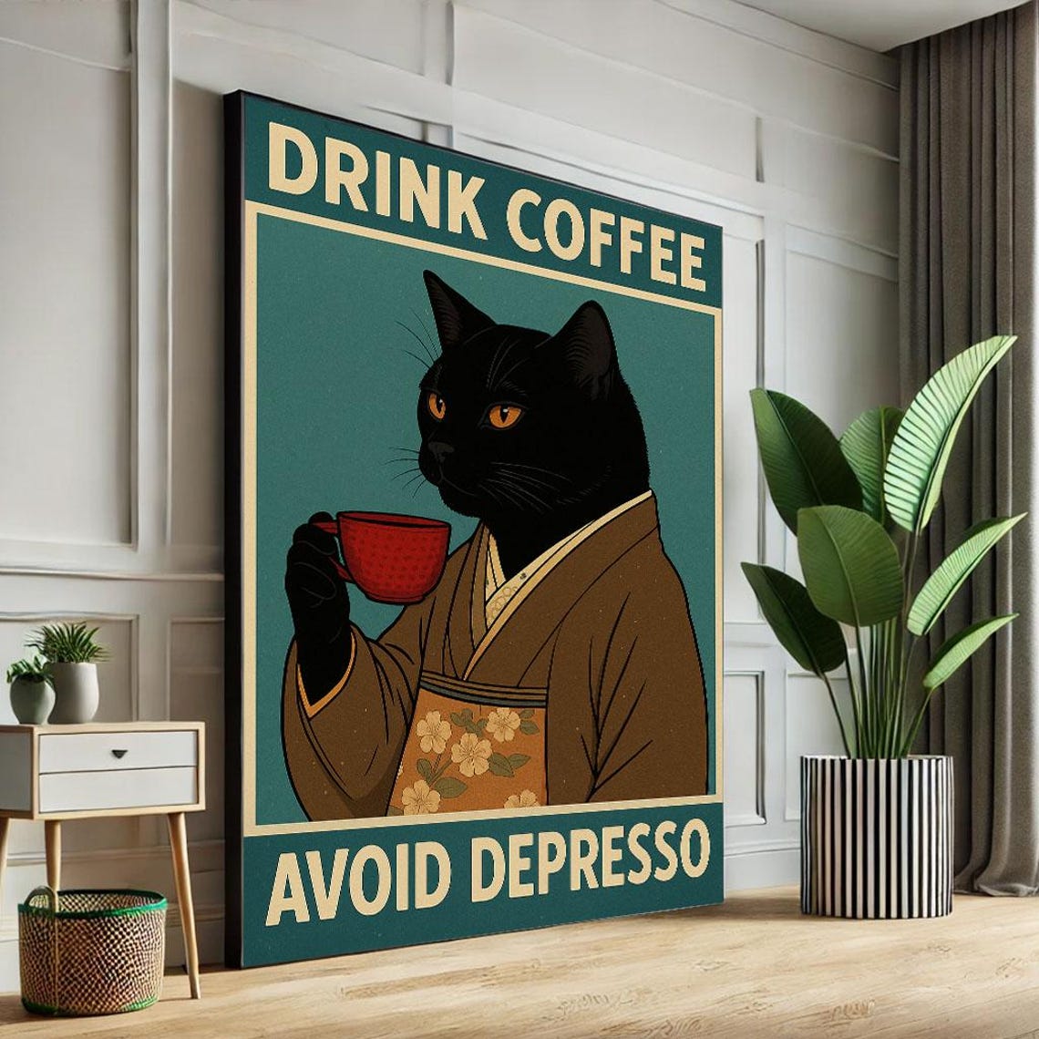 Black Cat Drinking Coffee Drink Coffee Avoid Depresso Retro Poster