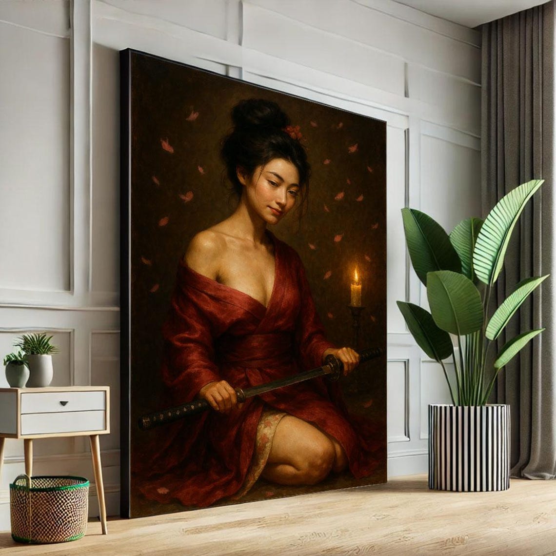 Kneeling Woman in Red Robe with Katana by Candlelight Art Poster