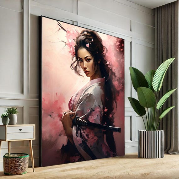 Fierce Samurai Woman Canvas Wall Art Print Pink Abstract Living Room Decor Statement Piece