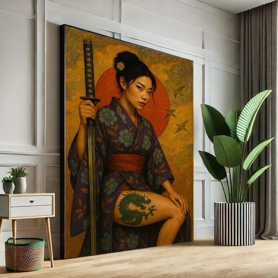 Empowering Japanese Geisha Canvas Wall Art Print Bold Samurai Theme Living Room Decor Statement Piece
