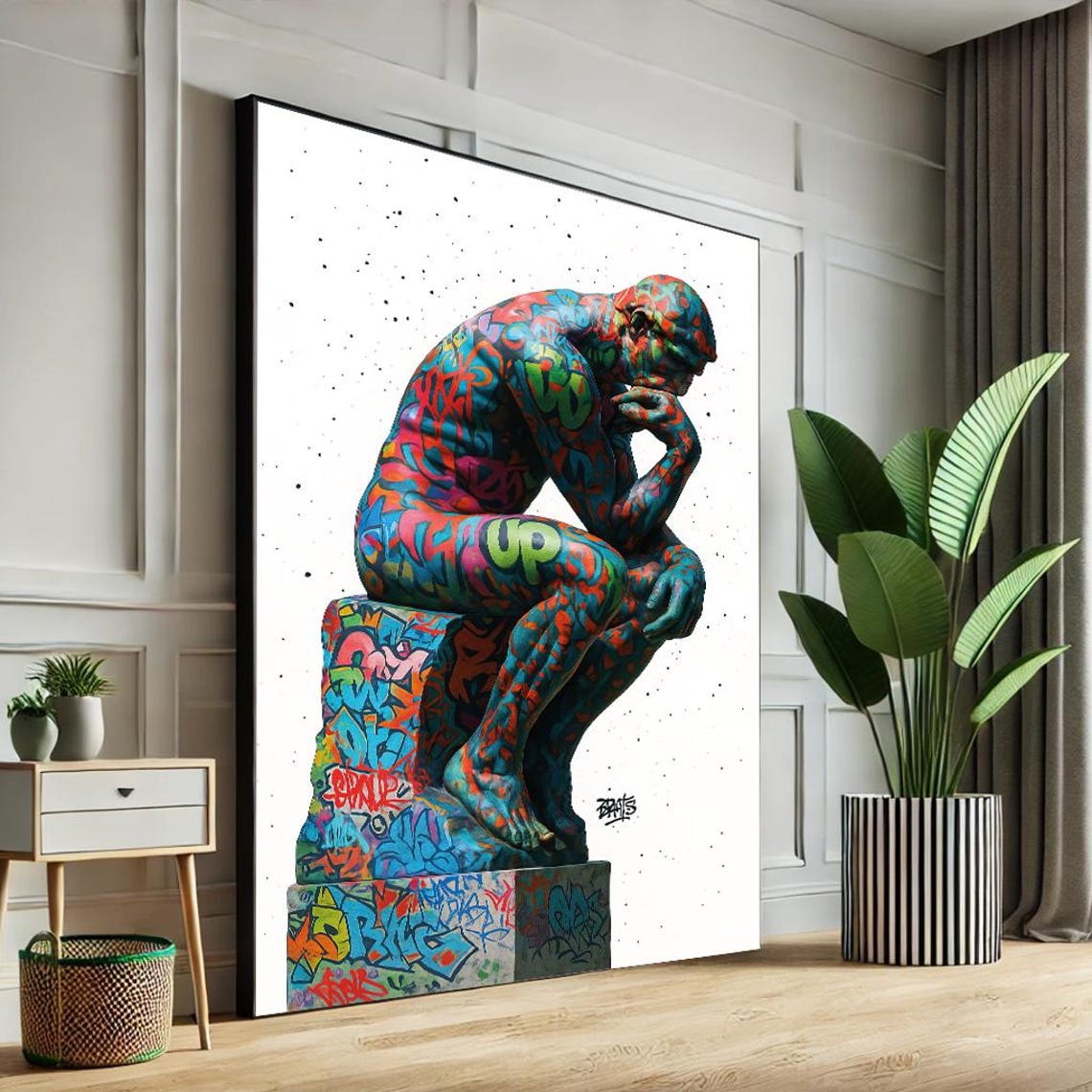 Rodin The Thinker Statue Covered in Colorful Graffiti Art Poster