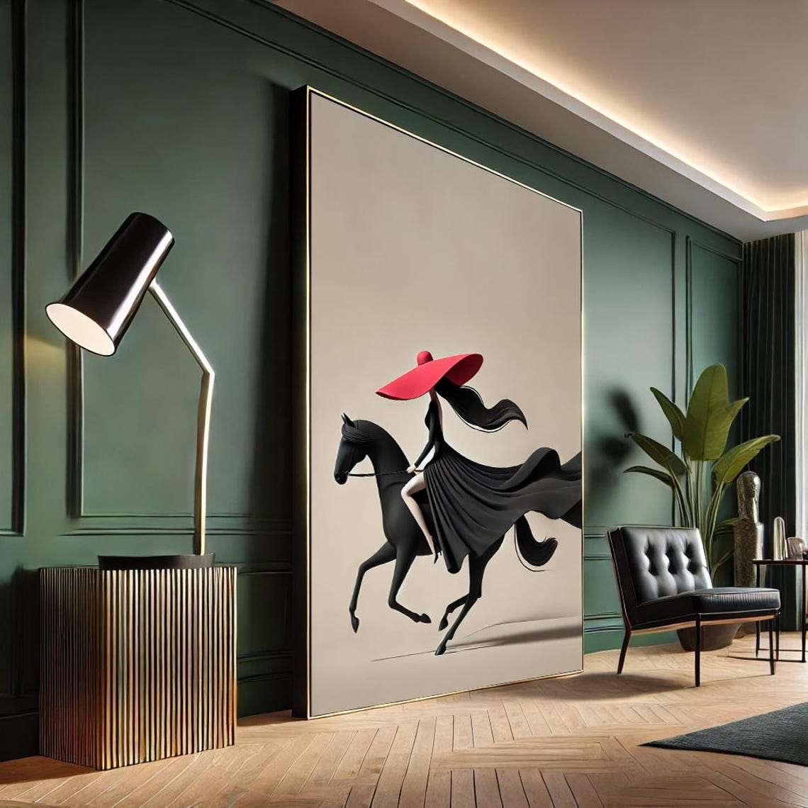Red Hat Woman Galloping Black Horse Minimalist Silhouette Art Poster