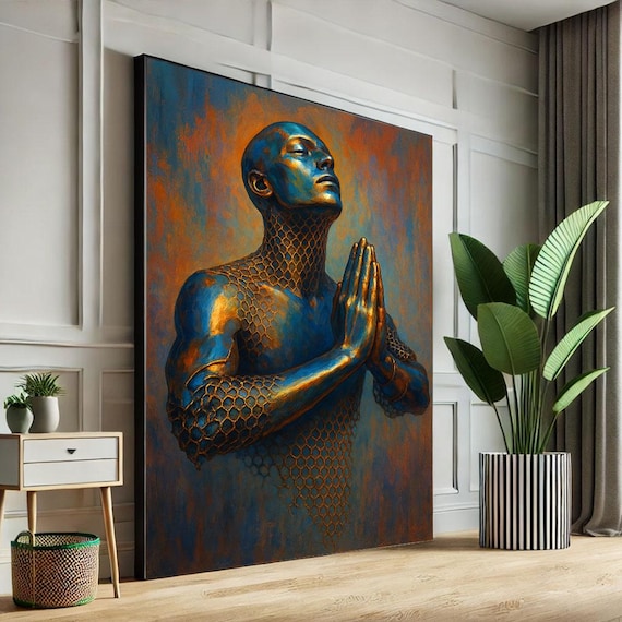 Blue and Gold Praying Figure Meditation Hands Spiritual Poster