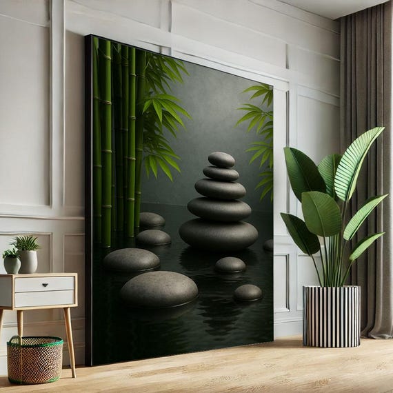 Calming Zen Stones And Bamboo Canvas Wall Art Print Minimalist Spa Living Room Decor Ready To Hang