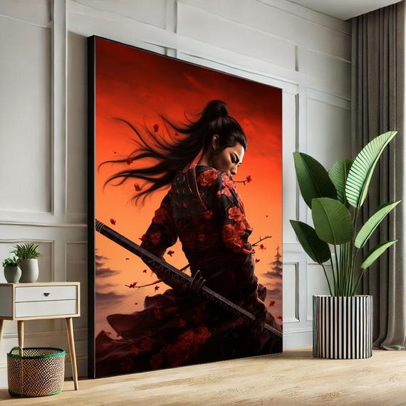 Fierce Samurai Woman Canvas Wall Art Print Red And Black Living Room Decor Statement Piece