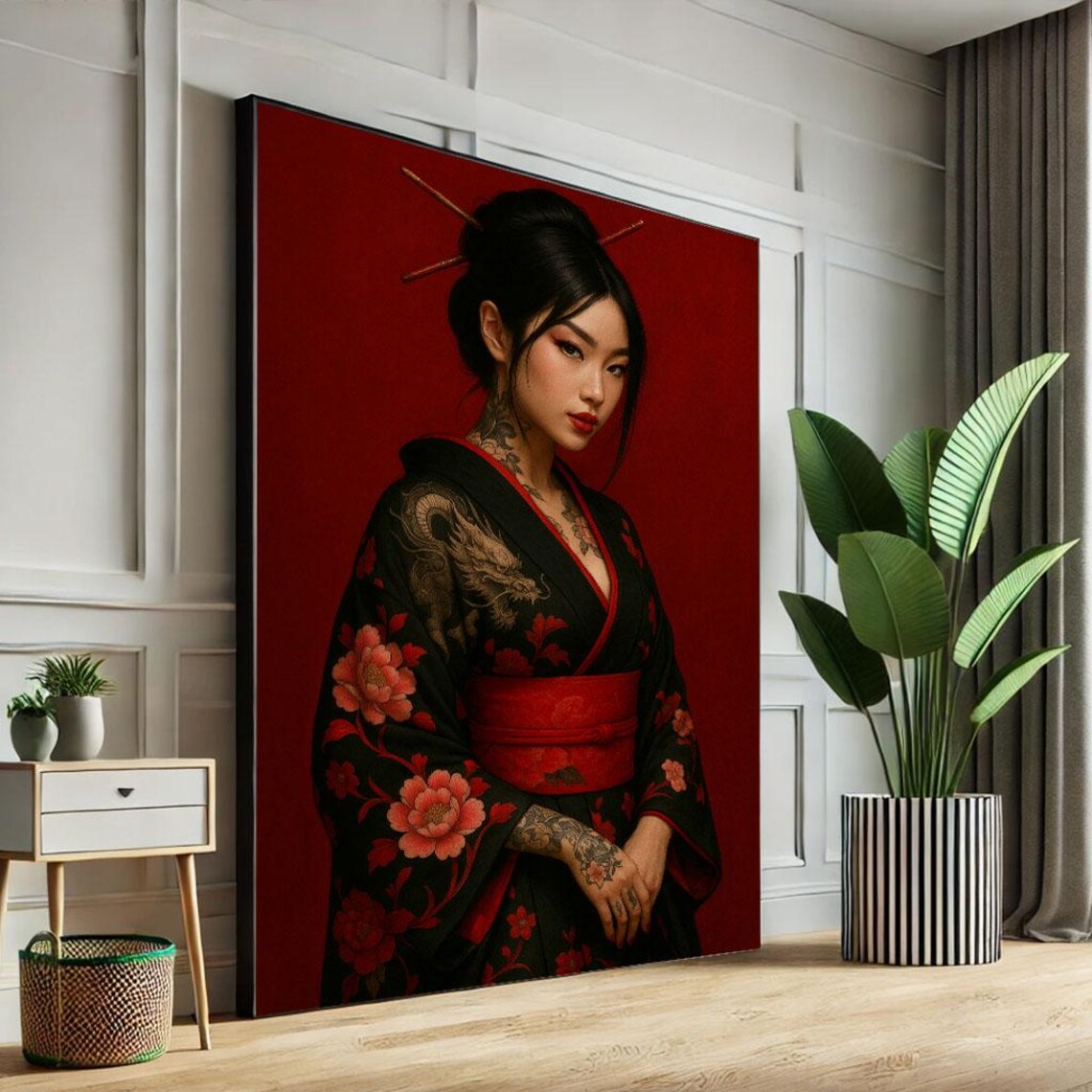 Tattooed Woman In Black Floral Kimono Red Background Art Poster