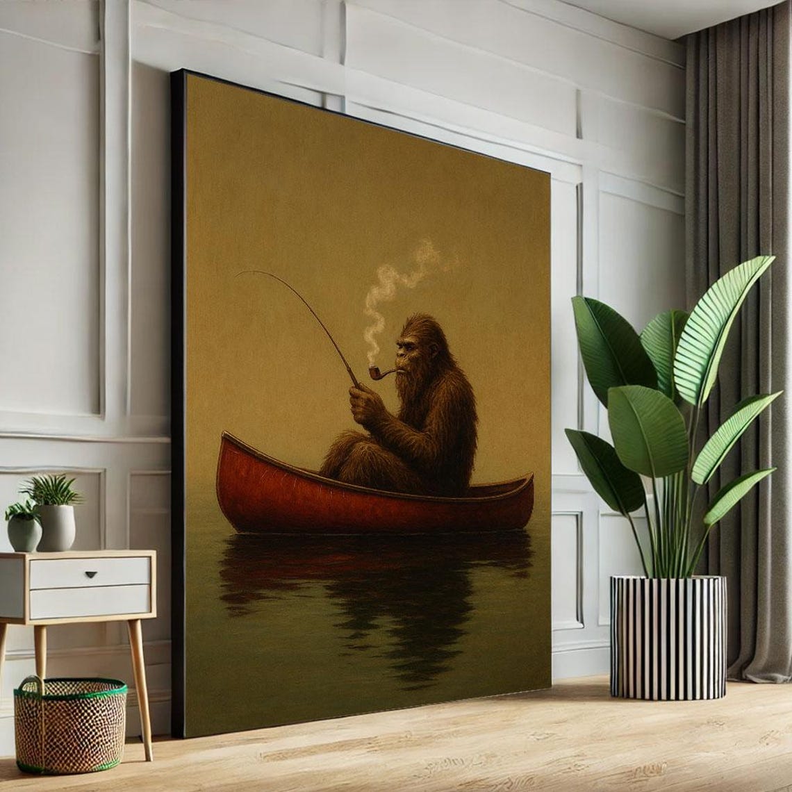 Whimsical Bigfoot Fishing Canvas Wall Art Print Rustic Living Room Decor Ready To Hang
