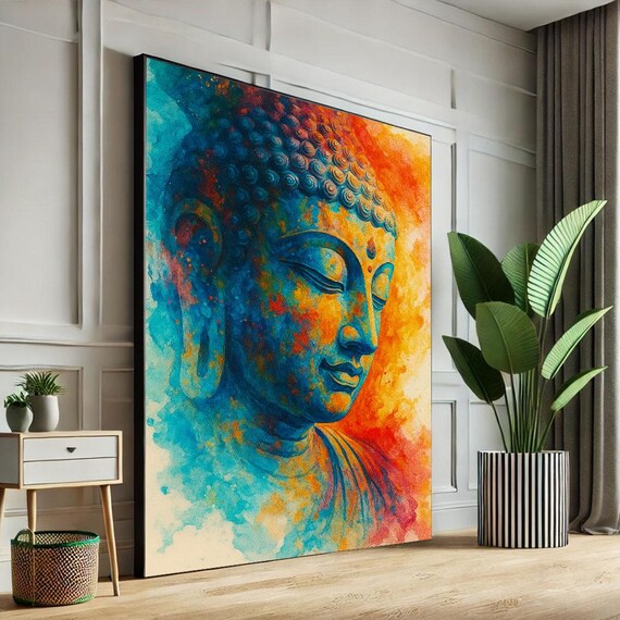 Buddha Profile In Blue And Orange Watercolor Splashes Vivid Art Poster
