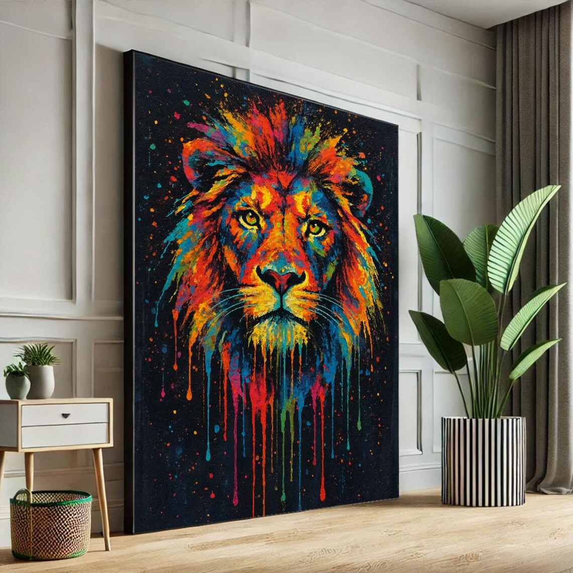 Colorful Lion Portrait Dripping Paint Vibrant Wildlife Art Poster