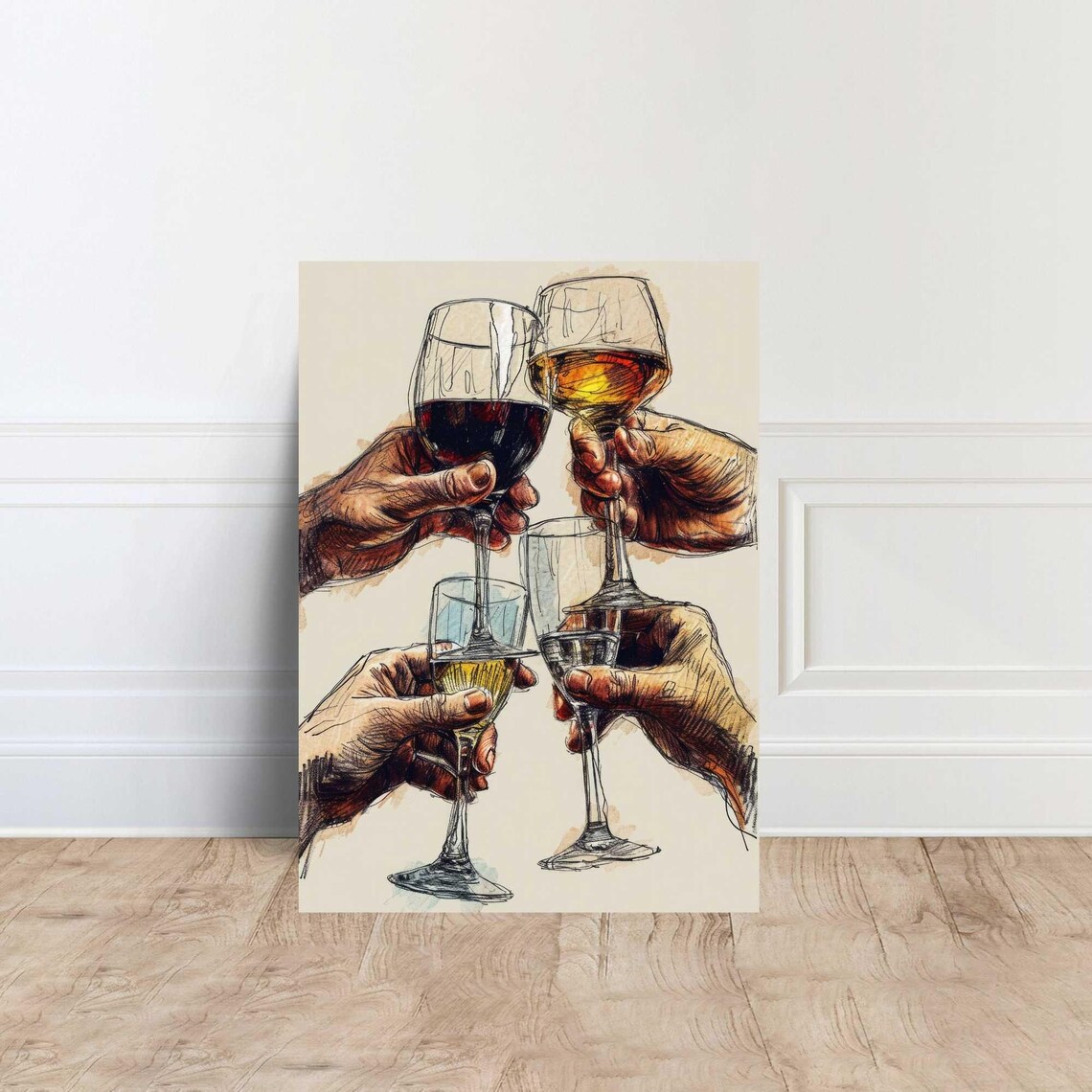 Four Hands Toasting Wine Glasses Ink Sketch Celebration Friendship Art Poster