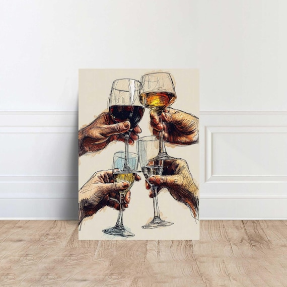 Four Hands Toasting Wine Glasses Ink Sketch Celebration Friendship Art Poster
