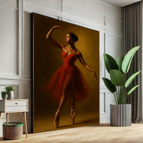 Elegant Ballerina In Red Dress Canvas Wall Art Print Warm Living Room Decor Statement Piece