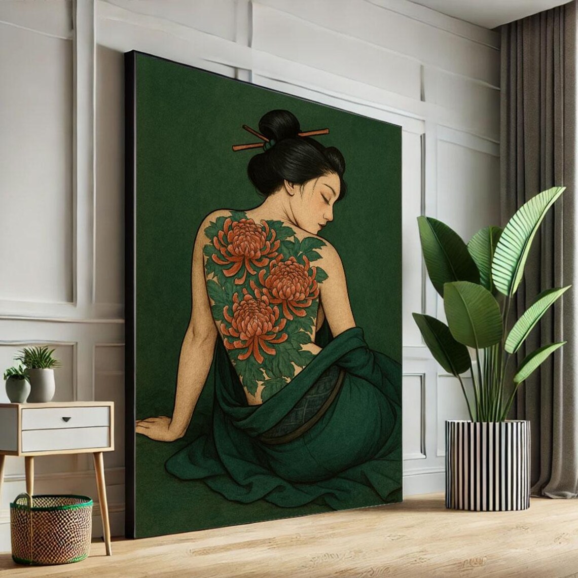 Chrysanthemum Tattoo Woman Back Green Japanese Floral Art Poster
