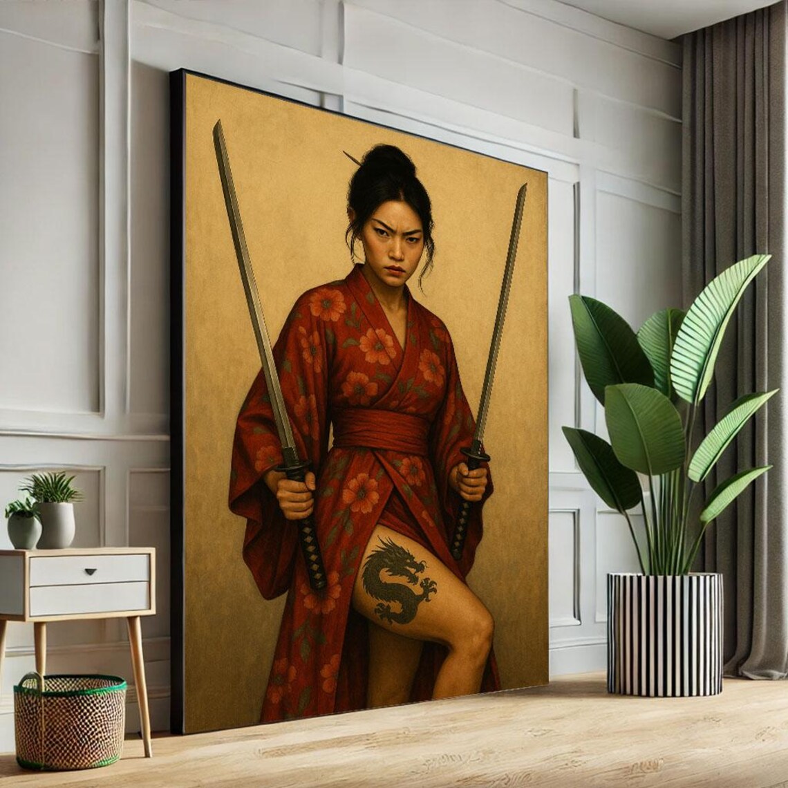 Fierce Samurai Woman Dual Katanas Red Kimono Bold Art Poster