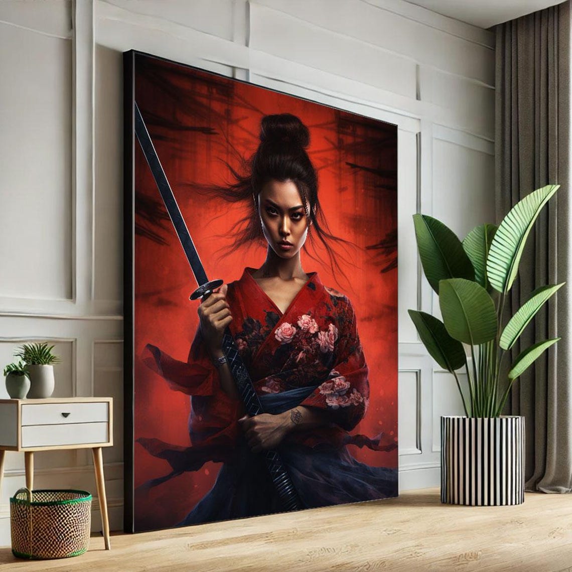 Samurai Woman In Red Kimono Canvas Wall Art Print Fierce Modern Bedroom Decor Statement Piece